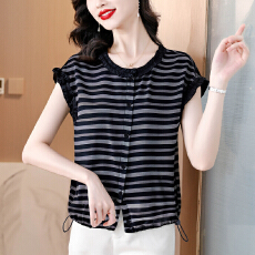 批发时尚<b class='q'>妈妈装</b>木耳边条纹短袖雪纺衫夏装新款遮肚子显瘦小衫女装