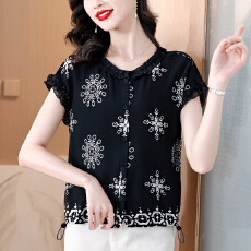 批发时尚减龄<b class='q'>妈妈装</b>宽松显瘦夏季新款气质百搭小衫花边领短袖上衣