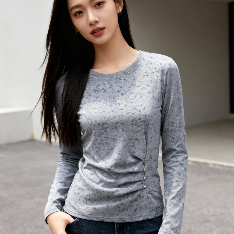 영 어머니 드레스 긴팔 라운드 넥 티셔츠 가을 의상 새로운 외국 가스 연령 감소 기본 셔츠 중노년 맨위 인사이드 가져 가라.