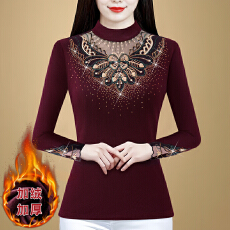 批发秋冬季时尚减龄<b class='q'>妈妈装</b>镂空烫钻加绒长袖保暖上衣女半高领打底小衫