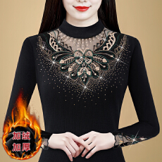 批发中年高端烫钻加绒上衣女秋装新款<b class='q'>妈妈</b>显瘦洋气百搭减龄网纱打底衫