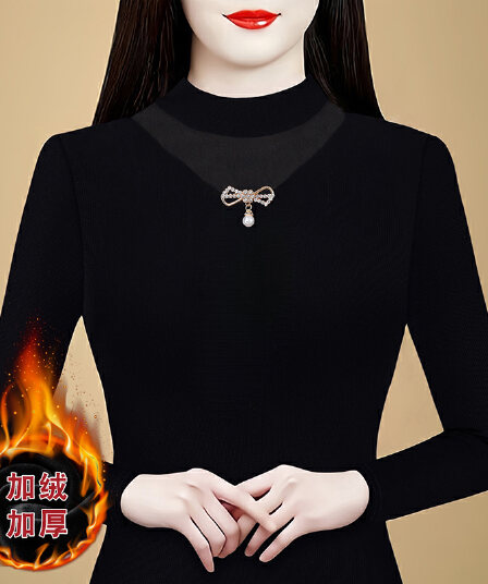 검정색 털이 있는 망사 라운드 넥 기본 셔츠 여성 가을 겨울 인사이드 가져 가라. 수 있습니다. 외출용 긴팔 티셔츠 몸매 가꾸기 고급 센스 맨위