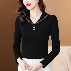 批发海军领镶钻打底衫女装纯棉长袖t恤春秋冬季新款妈妈<b class='q'>修身</b>内搭上衣