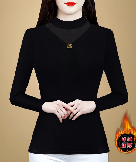 반하이넥 몸매 가꾸기 긍정적 인 어깨 티셔츠 여자 2026 새로운 폭발 가을 긴팔 맨위 고급 망사 기본 셔츠
