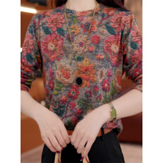 批发花溢流光<b class='q'>时尚</b>圆领长袖T恤2025秋季新款Z大码显瘦<b class='q'>妈妈装</b>减龄打底衫