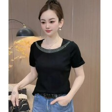 批发简约百搭烫钻短袖上衣2026春夏新款时尚洋气R中年女装休闲时髦T恤