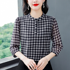 批发高级感时尚<b class='q'>格子</b>印花<b class='q'>衬衫女</b>2026夏季新款洋气宽松显瘦七分袖上衣