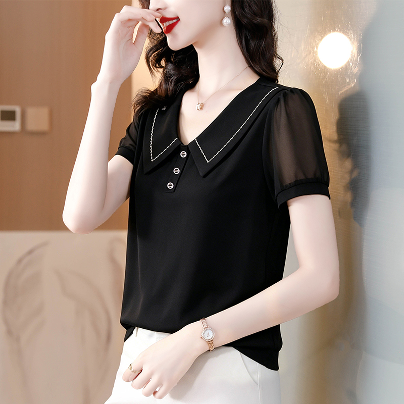 영 엄마 베이비 칼라 패치워크 망사 반팔 티셔츠 여름 새로운 외국 가스 연령 감소 작은 셔츠 중노년 맨위