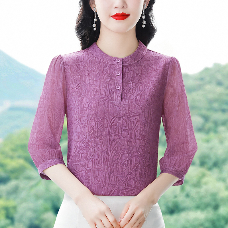 외국 가스 비행기 꽃 얇은 스타일 중간 소매 셔츠 c 품격 새로운 패션 작은 셔츠 중년 어머니 드레스 연령 감소 맨위 여성