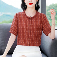 批发夏季新款圆领格子短袖T恤女时尚洋气中老年<b class='q'>妈妈装</b>半袖小衫女上衣