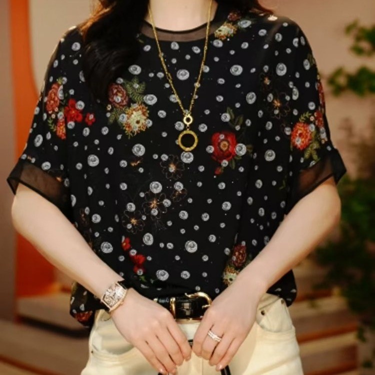 프린트 시폰 셔츠 여성 루즈핏 슬림해 보이는 맨위 여름 새로운 엄마 고급 반팔 티셔츠 도트 무늬 외국 가스 작은 셔츠