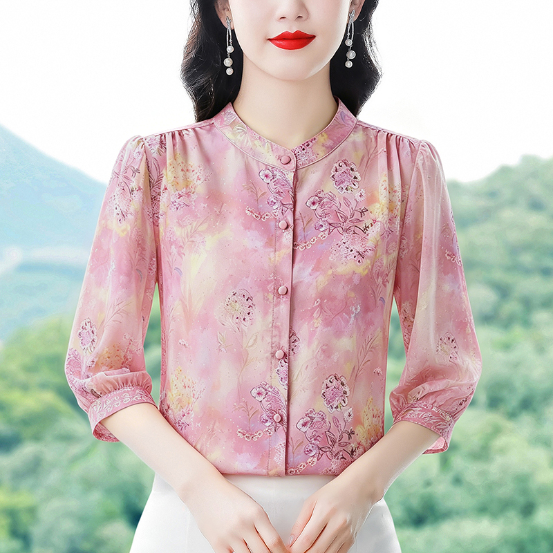 여름 새로운 홀치기 염색 프린트 패션 엄마 셔츠 작은 셔츠 루즈핏 슬림해 보이는 7부 소매 스탠드 칼라 쉬폰 여성 셔츠
