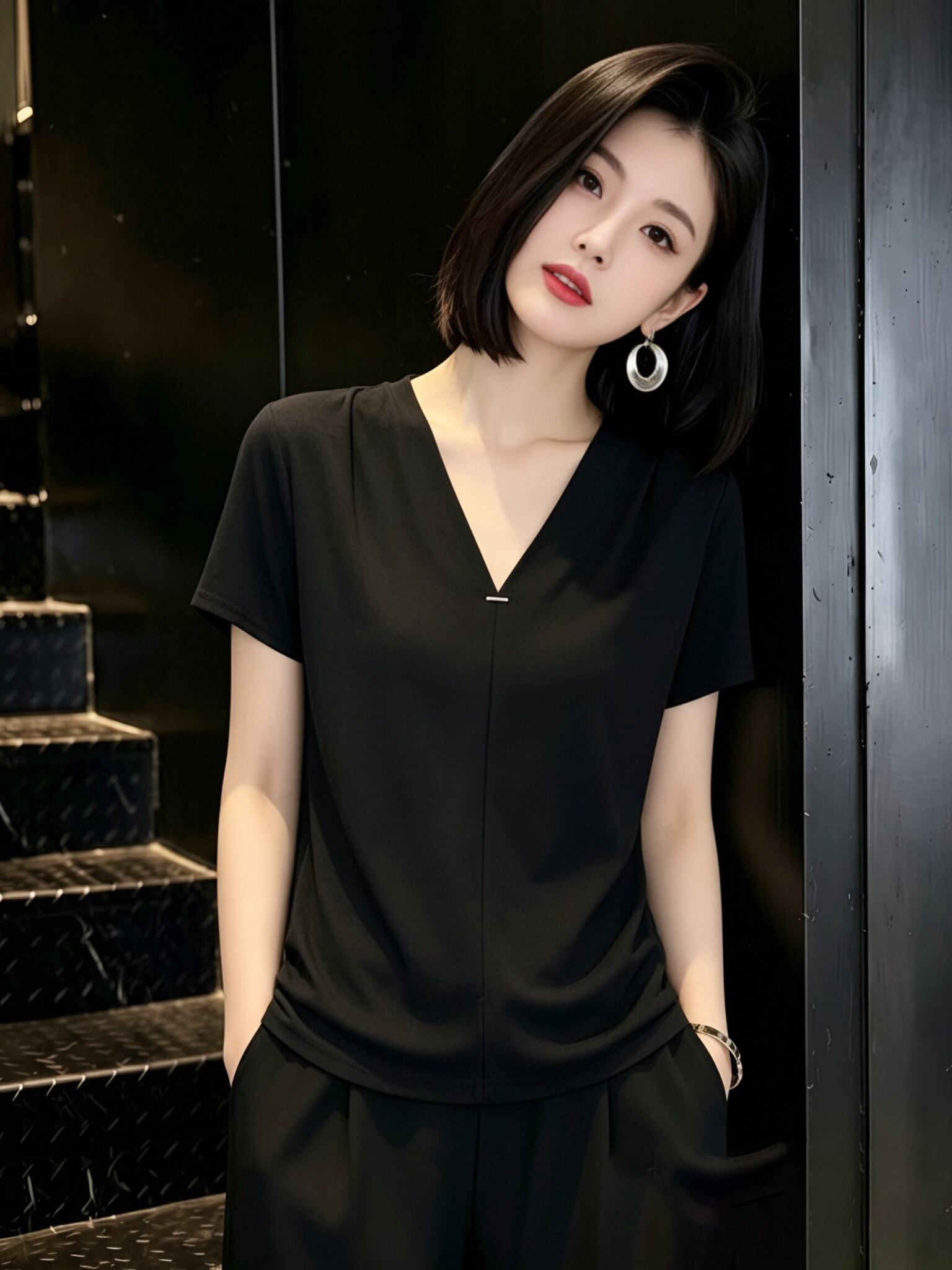 V넥 반팔 티셔츠 여성 2026 여름 새로운 한국 스타일 패션 미니멀리즘 루즈핏 슬림해 보이는 트임 다용도 캐주얼 맨위