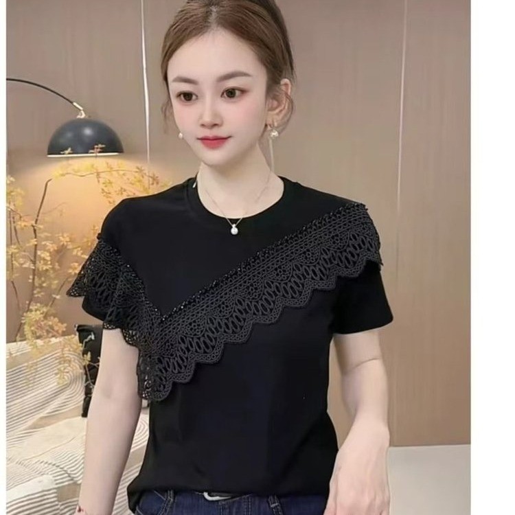 가을 센스 좋은 외국 가스 레이스 조각 티셔츠 여자 2026 여름 라운드 넥 연령 감소 다용도 슬림해 보이는 맨위