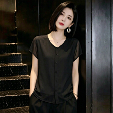 批发新款妈妈装纯色拼接圆领<b class='q'>短袖</b>衬衫女洋气百搭开衫<b class='q'>T</b><b class='q'>恤</b>显瘦减龄上衣