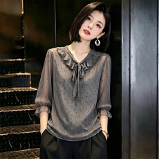 批发2026早秋法式荷叶领碎花衬衫女长袖系带气质<b class='q'>妈妈装</b>宽松显瘦小衫