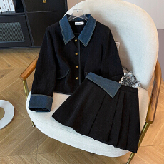 批发大码女装新品时尚减龄显瘦牛仔拼接外套+半身裙两件套套装