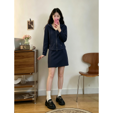 批发大码女装秋季高级感连帽长袖开衫显瘦休闲上衣+半生裙时尚套装