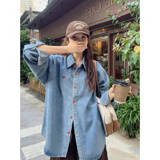 批发韩系做旧水洗蓝牛仔长袖衬衫女2024秋季设计感百搭休闲Polo领上衣