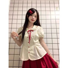 批发娃娃领短袖衬衫女夏季蝴蝶结绑带撞色衬衣外套学院风甜美修身上衣