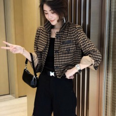 批发千鸟格短款外套女2025年秋装新款时尚小个子长袖夹克洋气休闲上衣
