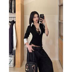 批发原版做法美式辣妹v领长袖T恤女秋季设计感假两件<b class='q'>衬衫</b>拼接上衣