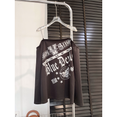 批发纯欲风设计感辣妹一字肩吊带上衣女早秋宽松显瘦<b class='q'>潮牌</b>印花长袖<b class='q'>T</b><b class='q'>恤</b>