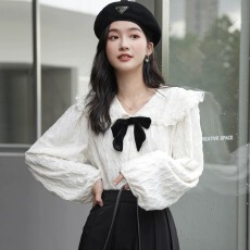 批发娃娃领<b class='q'>衬衫</b>女春秋2025新款大码胖mm设计感蝴蝶结外穿洋气长袖<b class='q'>衬衣</b>