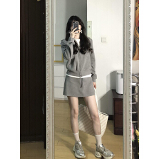 批发官图# 美式复古灰色卫衣连帽外套半裙两件套宽松显瘦休闲运动<b class='q'>套装</b>