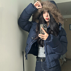 批发藏青连帽毛领棉服外套女冬季新款短款羽绒棉服