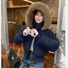 批发实拍美式辣妹毛领连帽棉服外套女冬季2025新款加厚短款面包服外套