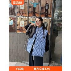 批发实拍韩系高级感蓝色格子羽绒棉衣马甲女冬季面包服棉袄外套上衣女