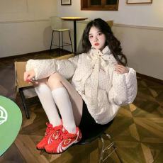 批发韩版波点面包服棉衣女冬季2024新款设计感拼接毛领防寒保暖棉服潮