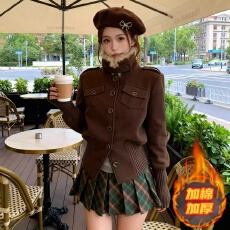 批发2025高级感咖色金属扣<b class='q'>长袖</b>外套女装冬季加棉别致毛领拼接新款上衣