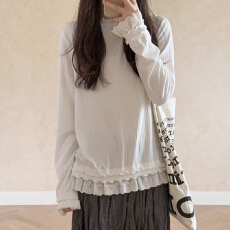 批发官图实价29人棉63涤8氨纶坑条正肩蕾丝花边下摆内搭打底衫长袖