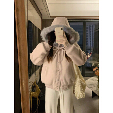 批发实拍韩系粉蝴蝶结连帽毛毛夹棉加厚棒球服长毛呢短外套女2025秋冬