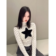 批发【原版水貂毛】美式星星波点高领长袖t恤女秋冬修身打底衫<b class='q'>上衣</b>