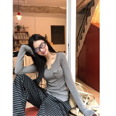 批发【螺纹德绒】长袖打底衫女早秋灰色t恤显瘦韩系chic别致小<b class='q'>上衣</b>