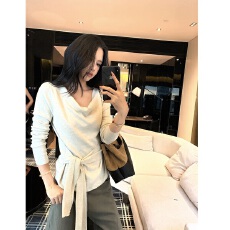 批发【随心裁】气质白色韩版系带设计长袖女装秋季百搭宽松显瘦<b class='q'>上衣</b>