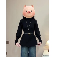 批发亲肤绒黑色高领长袖打底衫女秋冬季收腰显瘦灯笼袖上衣潮