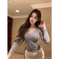 批发【人<b class='q'>棉</b>抓毛】蕾丝拼接性感v领长袖T恤女冬季收腰上衣内搭打底衫