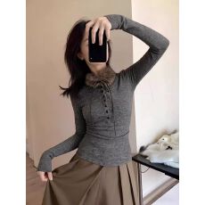 批发官图 随心裁莫代尔260克1*1 复古<b class='q'>气质</b>灰色毛毛领长袖t恤女潮