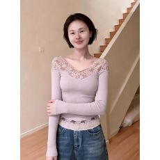 批发官图 随心裁莫代尔260克2*2 一字肩蕾丝高级感内搭长袖上衣