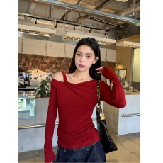 批发红色斜肩内搭打底衫女冬季加绒修身扭结长袖t恤上衣