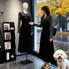 批发法式赫本风假两件<b class='q'>长袖</b>连衣裙子新款女秋冬配大衣内搭打底长裙