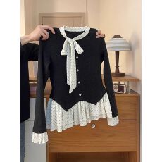 批发官图 广州原版面料拉毛260克 波点韩系绑带圆领长袖T恤上衣