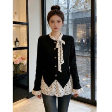 批发【人棉抓毛】荷叶边波点针织打底衫女春季<b class='q'>宽松</b>显瘦设计感上衣