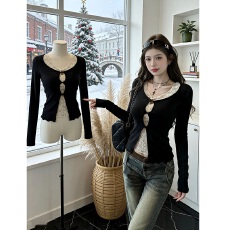 批发人<b class='q'>棉</b>抓毛荷叶边波点针织打底衫女春季宽松显瘦设计感上衣