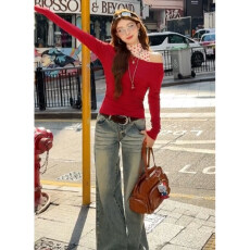 批发官图实价2026超火独特漂亮一整套新年穿搭一字肩叠穿上衣两件套