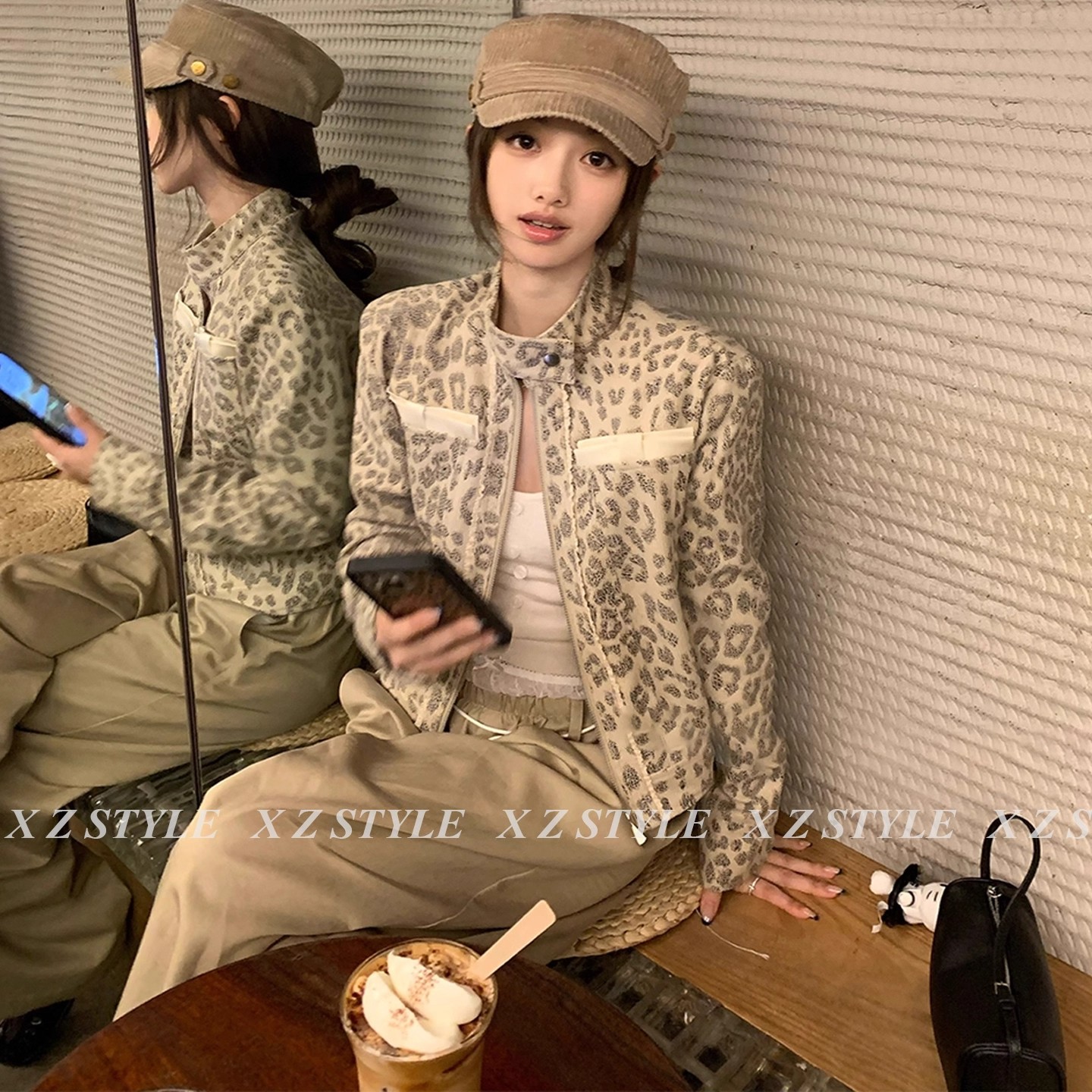 RY75# 美式复古豹纹立领短外套女春季2026新款酷飒风设计感小众夹克上...